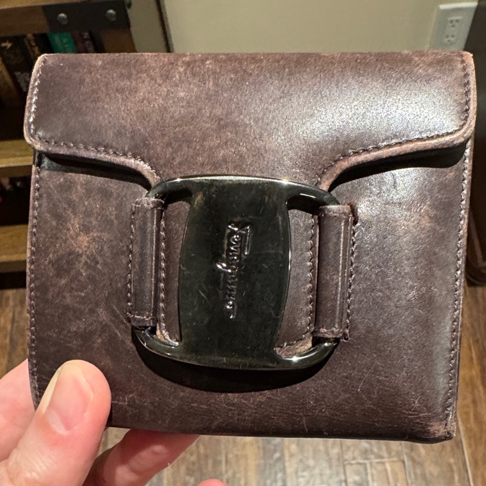 Salvatore Ferragamo Brown Leather Wallet with Silver Buckle